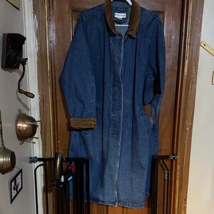 dressbarn Blue Denim Trench Coat with Brown Details